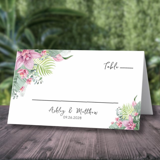 Tarjeta De Asiento Boda tropical de acuarela floral (Elegant Palm Floral Watercolor Tropical Wedding Place Card)