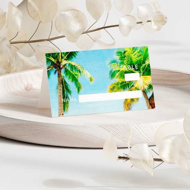 Tarjeta De Asiento Boda tropical de palmeras del océano azul retro (Subido por el creador)