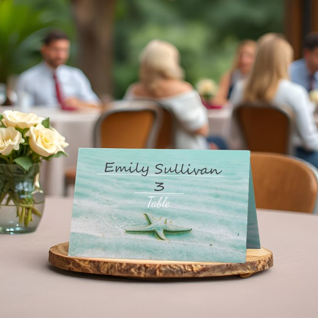 Tarjeta De Asiento Boda Tropical De Pescado Estelar Aqua Ocean Beach  (Tropical starfish wedding place cards with soft aqua palette and beachy starfish for an ocean theme.)