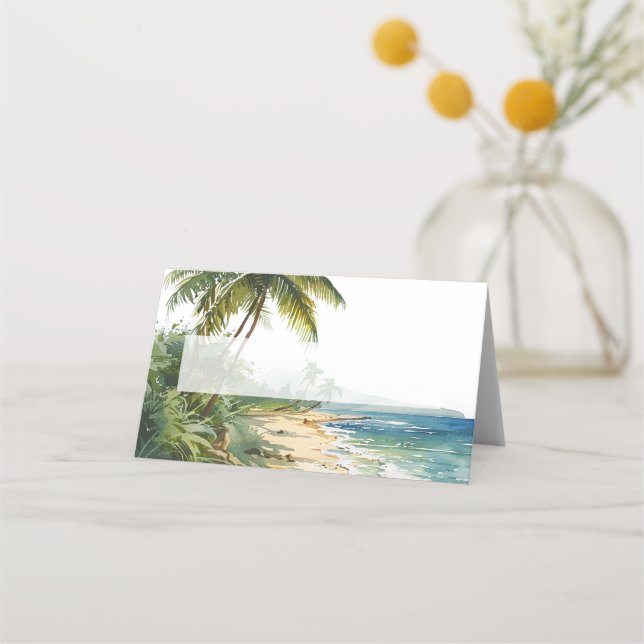 Tarjeta De Asiento Boda Tropical de Playa con Acuarela (Anverso)