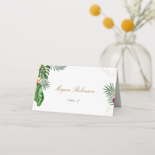 Tarjeta De Asiento Boda Tropical Dorado Floral Tent Place Card (Anverso)
