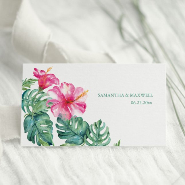 Tarjeta De Asiento Boda Tropical Hibiscus & Watercolor Greenerenerati (Destination wedding pink hibiscus flowers and monstera palm leaves art by Victoria Grigaliunas)