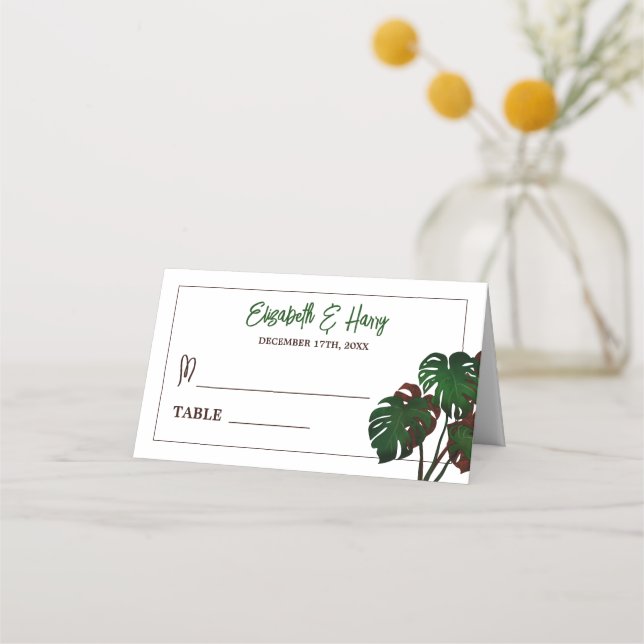 Tarjeta De Asiento Boda Tropical Monstera Beach (Anverso)