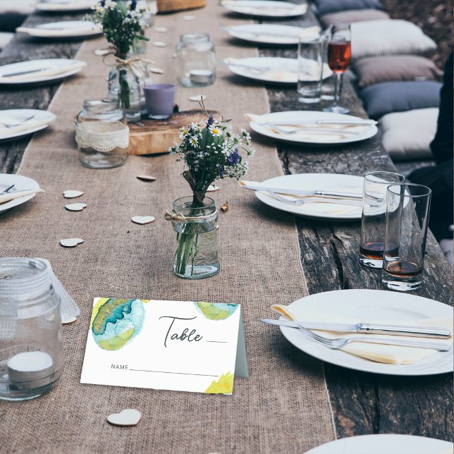 Tarjeta De Asiento Boda único de arte acuático con abstracto amarillo (Subido por el creador)