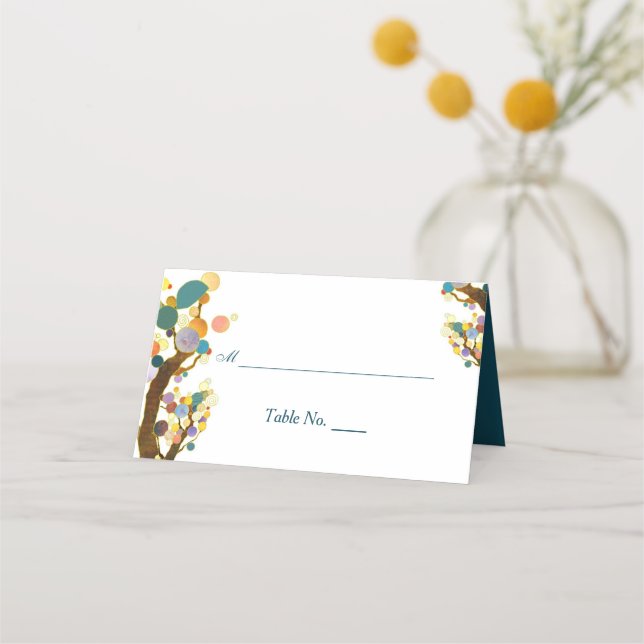 Tarjeta De Asiento Boda Verde azulado de árboles caprichosos (Anverso)