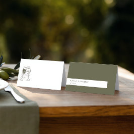 Tarjeta De Asiento Boda Verde Madera de Olivo Champán en Blanco