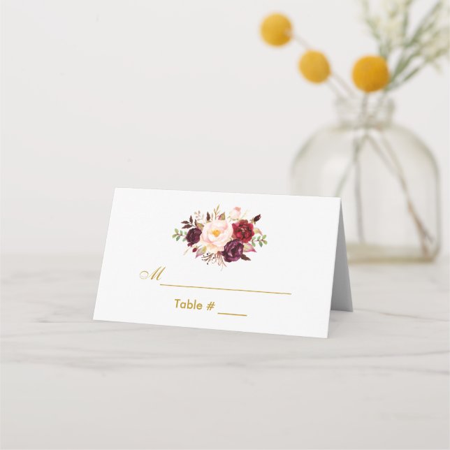 Tarjeta De Asiento Boda Watercolor Floral Burgundy Gold (Anverso)