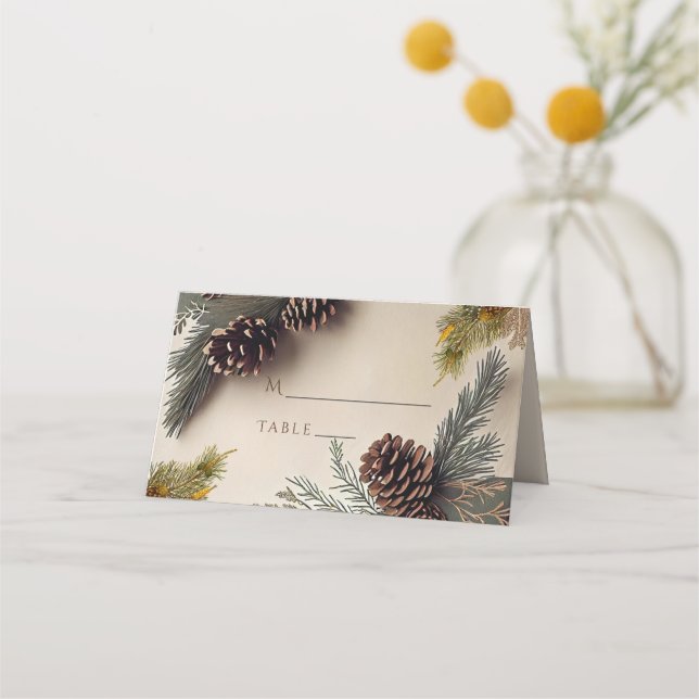 Tarjeta De Asiento Bodas de Invierno Piñas Agujas de Pino (Anverso)
