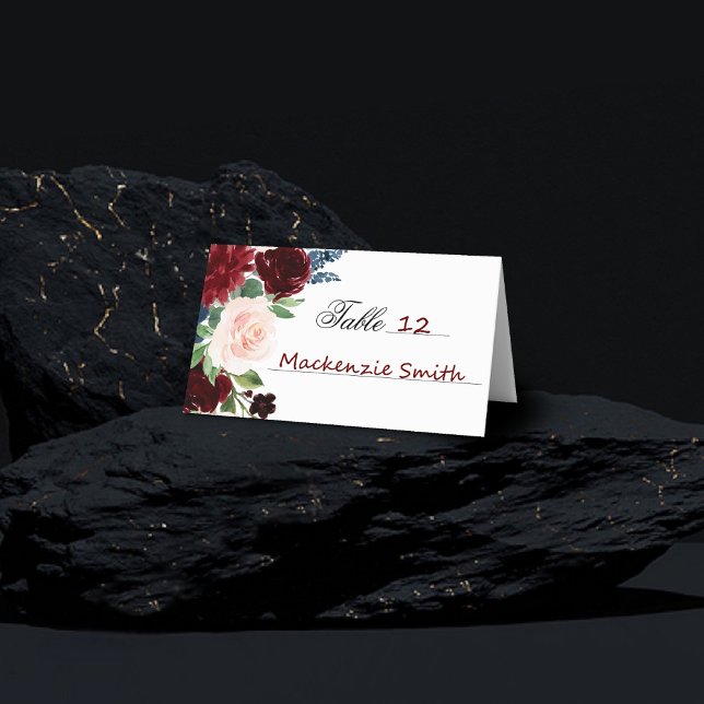 Tarjeta De Asiento Boho Bloom | Burgundy Red Rubor Navy Blue Bouquet (Subido por el creador)