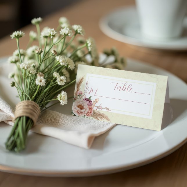 Tarjeta De Asiento Boho Floral Elegant Wedding Place Cards (Folded seating card for wedding with boho florals and Italian marble background)