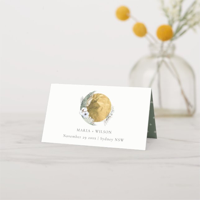 Tarjeta De Asiento Boho Gold Saga Green Floral Wreath Boda (Anverso)