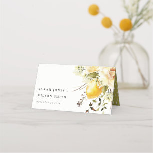 Tarjeta De Asiento Boho Lemon Yellow Watercolor Floral Boda