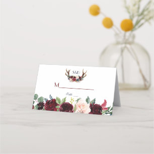 Tarjeta De Asiento Boho Merlot Azul Marino Floral Cuerna Mesa Número