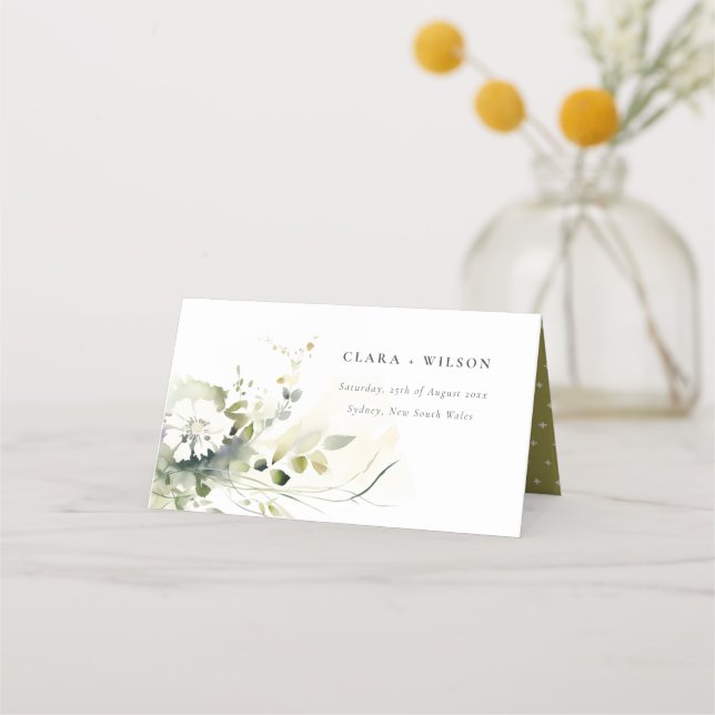 Tarjeta De Asiento Boho moderno Resumen Boda floral blanca verde (Anverso)