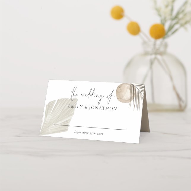 Tarjeta De Asiento Boho Pampas Grass Script Names Date Boda (Anverso)