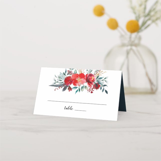 Tarjeta De Asiento Boho Red Floral Feather Wreath Monograma Boda (Anverso)