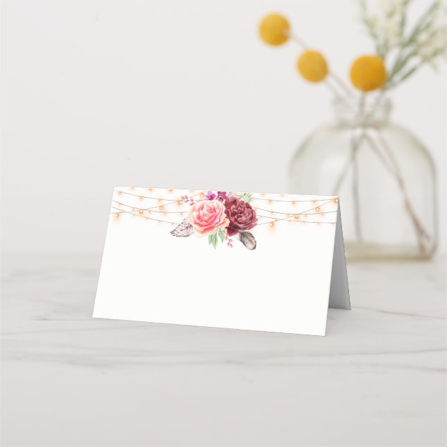 Tarjeta De Asiento Boho Rosas Feathers Lights Boda (Anverso)