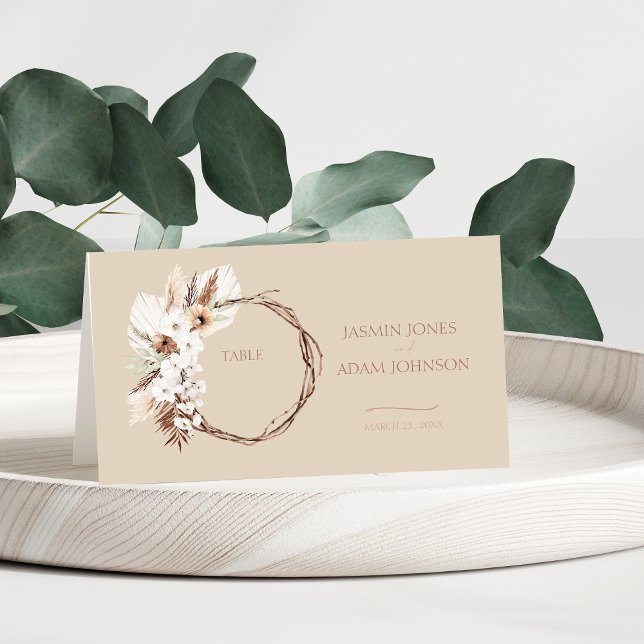 Tarjeta De Asiento Boho Terracotta Beige Seco Boda de guirnaldas flor (Boho Terracotta Beige Dried Floral Wreath Wedding Place Card)