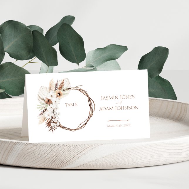 Tarjeta De Asiento Boho Terracotta Pampas Boda de Grass Floral (Boho Terracotta Brown Dried Floral Wreath Wedding Place Card)
