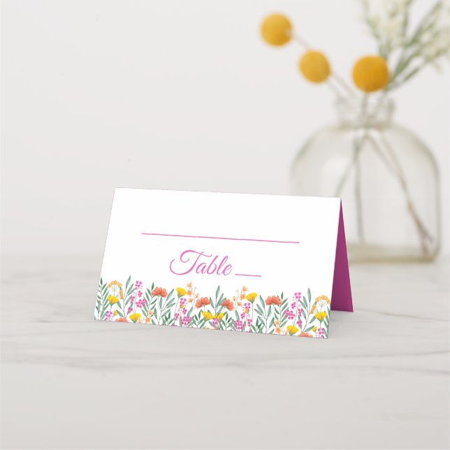Tarjeta De Asiento Boho Wildflowers Elegante Boda Rosa Floral (Anverso)