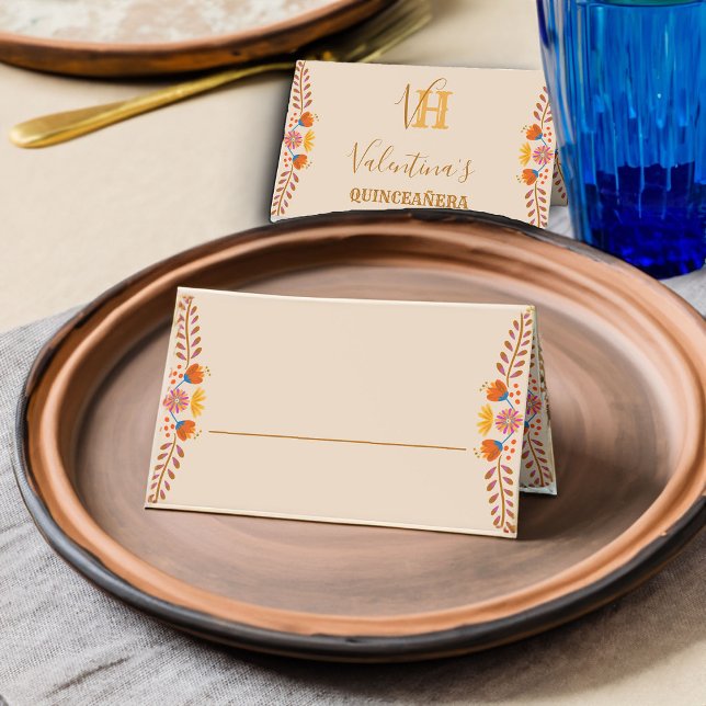 Tarjeta De Asiento Bonito floral mexicana: arte folclórico personaliz (Place cards with monogram and personalization on the back from my Mexical Floral collection)