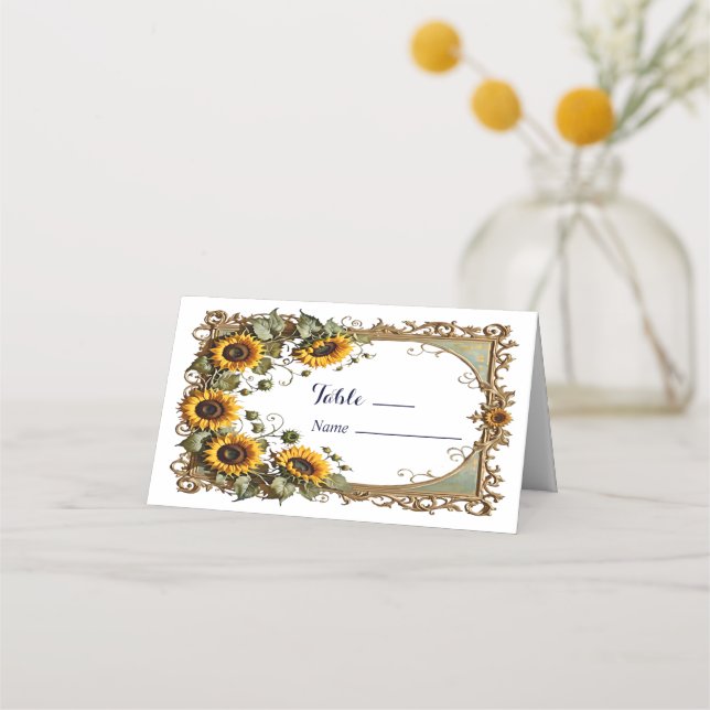 Tarjeta De Asiento Bonito girasol amarillo con boda de marco de arte (Anverso)