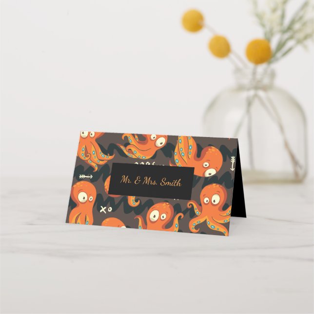 Tarjeta De Asiento Boo Octopus Naranja y niños negros vestidos y deco (Anverso)