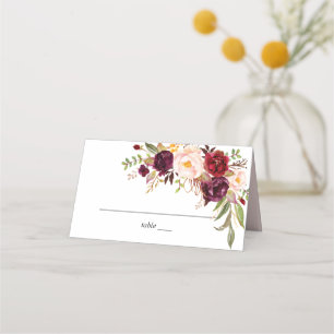 Tarjeta De Asiento Borgoña Marsala y Rubor Floral - Blanco