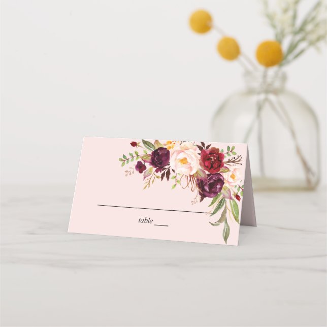 Tarjeta De Asiento Borgoña Marsala y Rubor Floral - Rosa (Anverso)