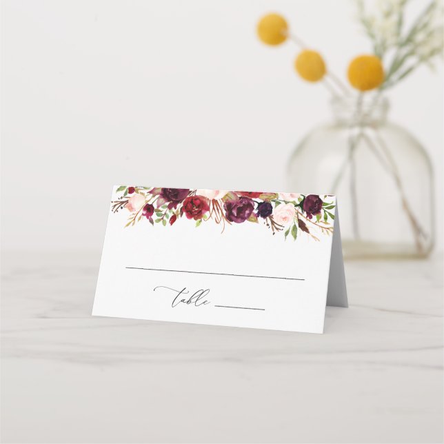 Tarjeta De Asiento Borgoña Moderna Y Floral Rubor (Anverso)