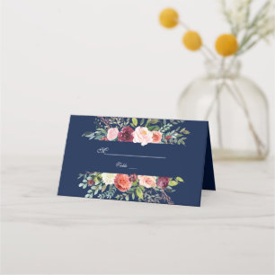 Tarjeta De Asiento Borgoña Rubor Floral Frame Dark Blue Boda