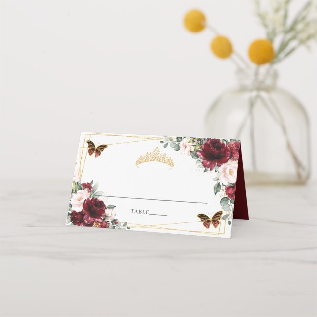Tarjeta De Asiento Borgoña Rubor Floral Quinceañera 16º cumpleaños (Anverso)