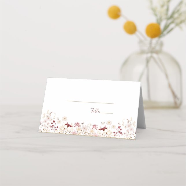 Tarjeta De Asiento Borgoña y Boda de flores silvestres de Rubor (Reverso)