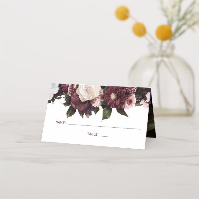 Tarjeta De Asiento Borgoña y Boda floral rosa Rubor (Anverso)