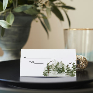 Tarjeta De Asiento Bosque verde acuático de invierno moderno con niev
