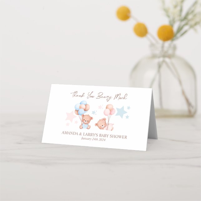 Tarjeta De Asiento Boy Chica Twins Teddy Bear Baby Shower Bag Topper (Anverso)