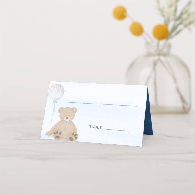 Tarjeta De Asiento Boy Teddy Bear Blue Balloon Baby Shower (Anverso)
