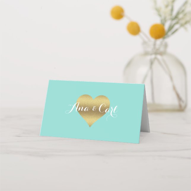 Tarjeta De Asiento BRIDE & CO Gold Heart Verde azulada Blue Gracias (Anverso)