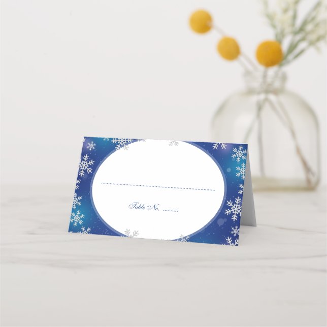 Tarjeta De Asiento Brillantes de nieve Blue White Winter doblado (Anverso)