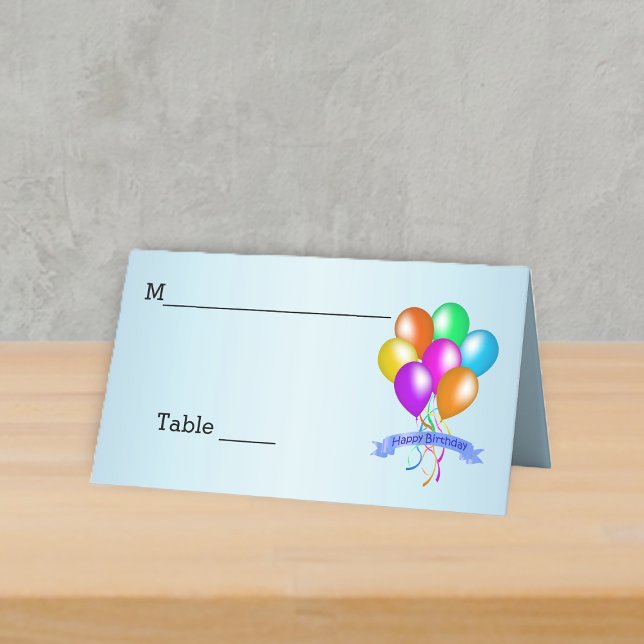 Tarjeta De Asiento Brillantes Festividades Feliz Cumpleaños Globos St (Bunch of brightly coloured balloons Happy Birthday banner on light blue table place card.)