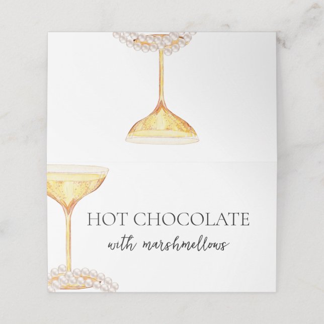 Tarjeta De Asiento Bufet de comida de perlas y Prosecco para despedid (Exterior desplegado)