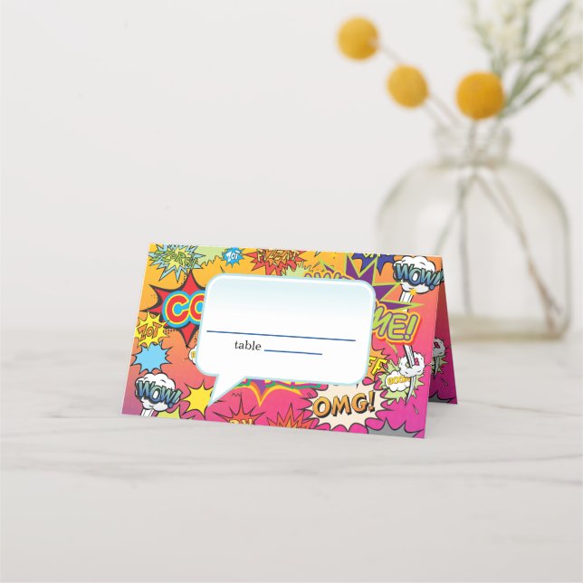 TARJETA DE ASIENTO BURBUJA DE DISCURSIÓN DE LIBRO DE COMIC GEEK NERD  (Anverso)