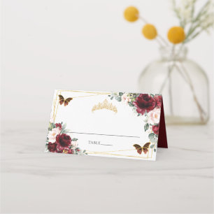 Tarjeta De Asiento Burgundy Blush Floral Quinceañera Cumpleaños 16