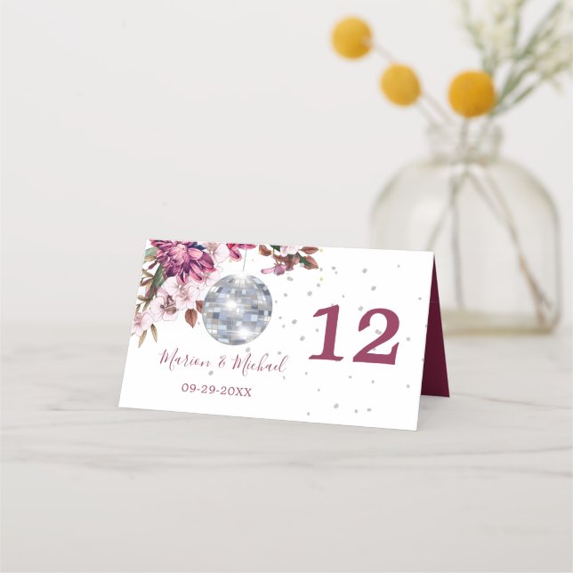 Tarjeta De Asiento Burgundy Disco Boda Floral Número de tabla (Anverso)