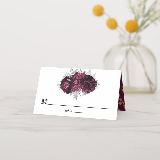 Tarjeta De Asiento Burgundy Floral Boda Luxury Place Card (Anverso)