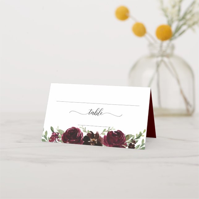 Tarjeta De Asiento Burgundy Floral Boda Place Card (Anverso)