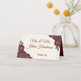 Tarjeta De Asiento Burgundy Floral & Gold Folded Wedding Place Card