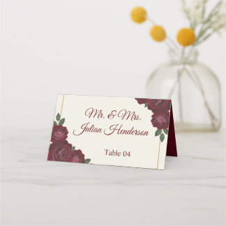 Tarjeta De Asiento Burgundy Floral & Gold Folded Wedding Place Card