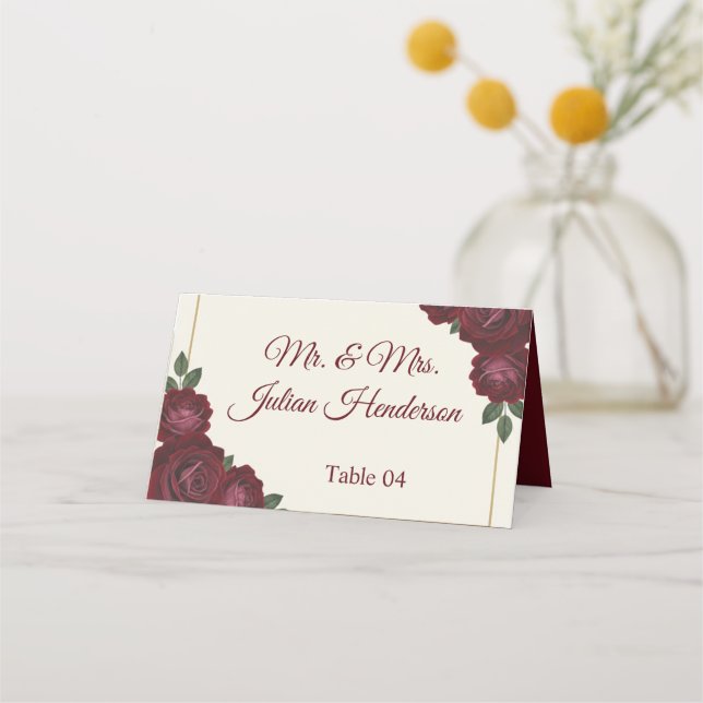 Tarjeta De Asiento Burgundy Floral & Gold Folded Wedding Place Card (Anverso)