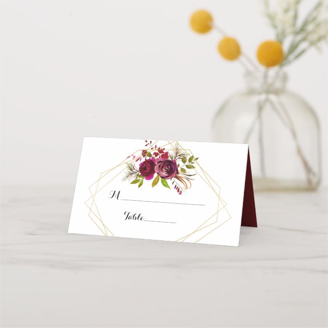 Tarjeta De Asiento Burgundy Floral Gold Geométrica Table Place Card (Anverso)
